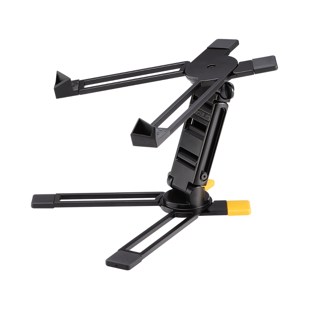 Hercules DG400BB laptop and multimedia stand with a black carry bag, designed for portability and stability.
