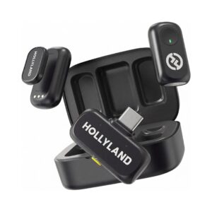 Hollyland LARK A1 Duo USB-C Wireless Microphone System with two microphones and a compact receiver for clear audio capture.