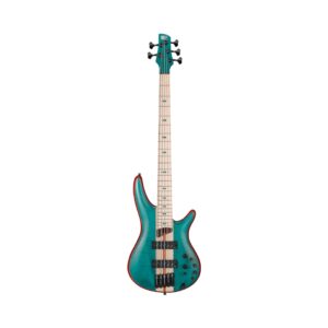 1. Ibanez Premium SR1425B 5-string electric bass guitar in Caribbean Green, featuring a low gloss finish.