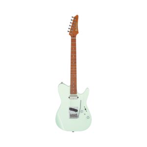 Ibanez Prestige AZS2200 electric guitar in mint green, displayed with a protective case.