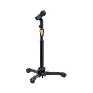 1. Hercules MS300B Plus tabletop microphone stand with an EZ mic clip, designed for stability and ease of use.