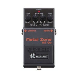 BOSS MT-2W Metal Zone Waza Craft distortion pedal with a sleek design and control knobs for sound customization.