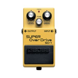 1. BOSS SD-1 Super Overdrive guitar pedal with yellow casing and control knobs for tone and level adjustments.