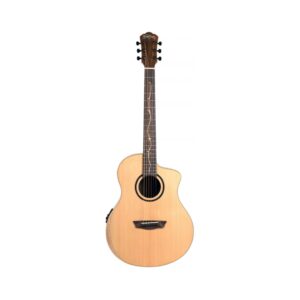 1. Acoustic-electric guitar with a natural glossy finish, featuring a sleek design and elegant craftsmanship.