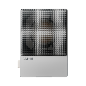 Silver Teenage Engineering CM-15 field condenser microphone on a white background, showcasing its sleek design and features.