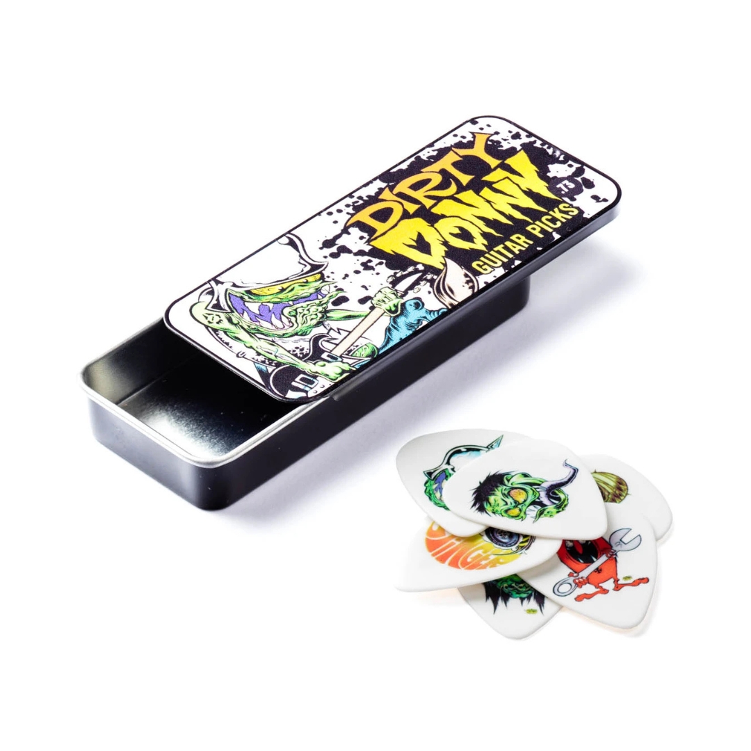 Dunlop BL111T.73 Dirty Donny guitar pick tin featuring unique artwork and 0.73mm picks for collectors and musicians.