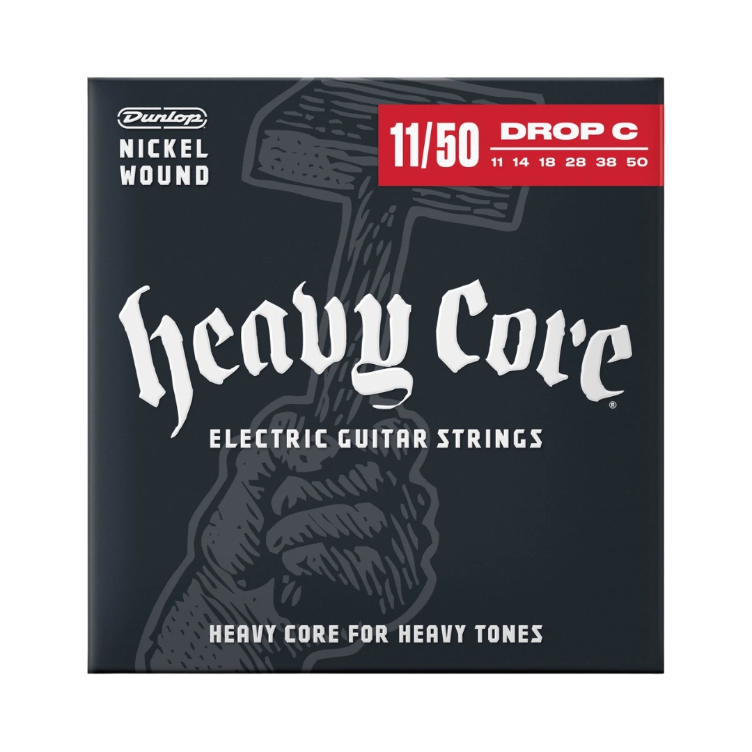 Dunlop Nickel Wound Heavy Core Electric Guitar string set, gauges 0.11 to 0.50, designed for enhanced tone and durability.