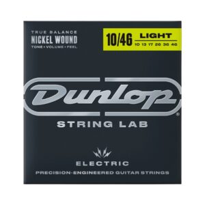 Dunlop Nickel Wound Medium Gauge Electric Guitar String Set, sizes 0.10 to 0.46, displayed in packaging.
