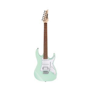 Ibanez GRX40 electric guitar in mint green, featuring a solid body and six strings, displayed against a neutral background.
