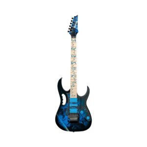 Blue floral-patterned Ibanez JEM77P electric guitar, part of the Steve Vai Signature JEM Premium Series.