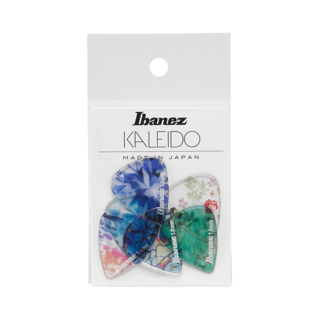 Ibanez PCP14H-C1 Kaleido Series guitar picks in various colors, displayed in a circular arrangement on a white background.