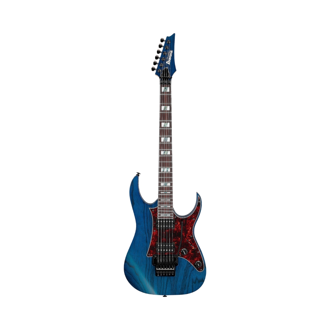 Ibanez RG Prestige RG653DX electric guitar in transparent deep blue flat finish, showcasing sleek design and craftsmanship.