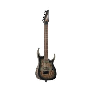 1. Ibanez RGD71ALPA-CKF 7-string electric guitar in charcoal burst with a black stained flat finish.