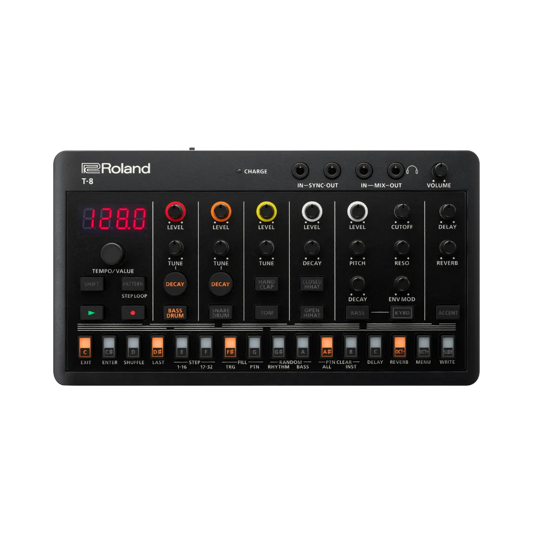 Roland AIRA Compact T-8 Beat Machine, a portable music device with buttons and knobs for creating beats and rhythms.
