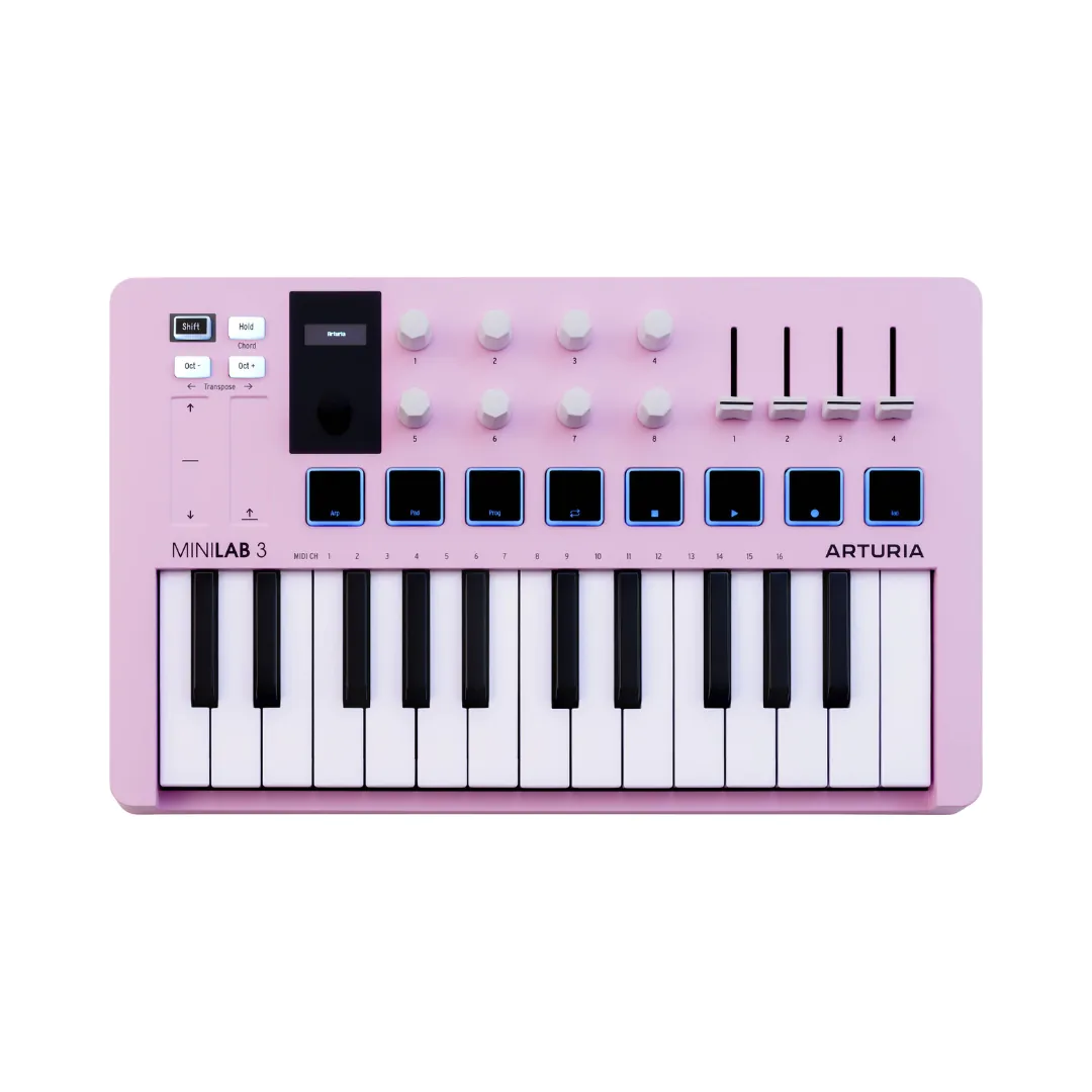 Arturia MiniLab MK3 25-key MIDI keyboard controller in Rose Quartz color, featuring compact design and versatile controls.